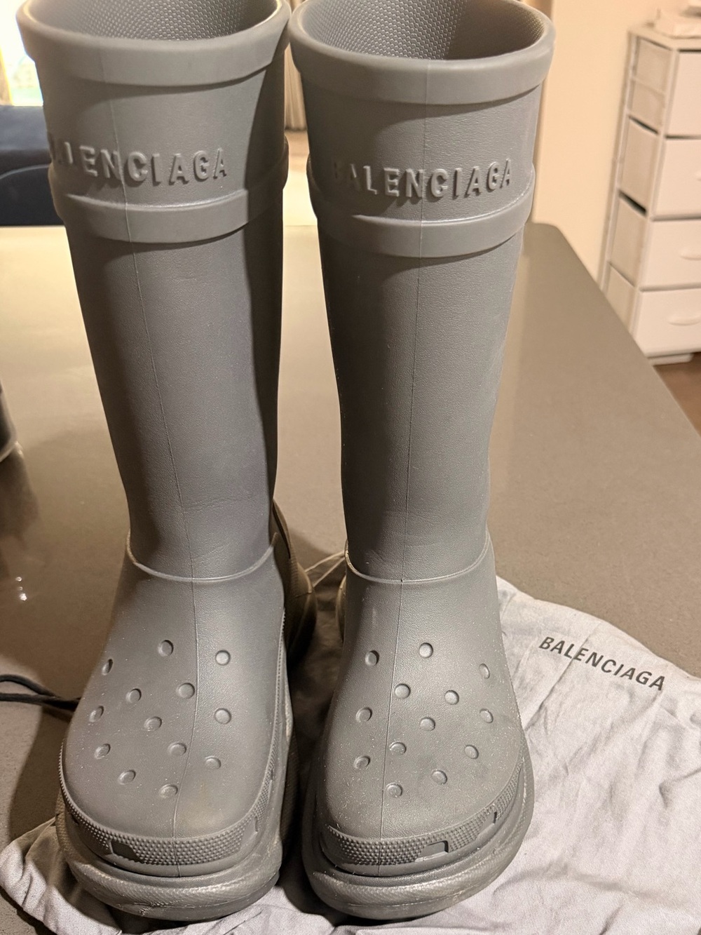 Balenciaga Gray Tall Logo Rain Boots